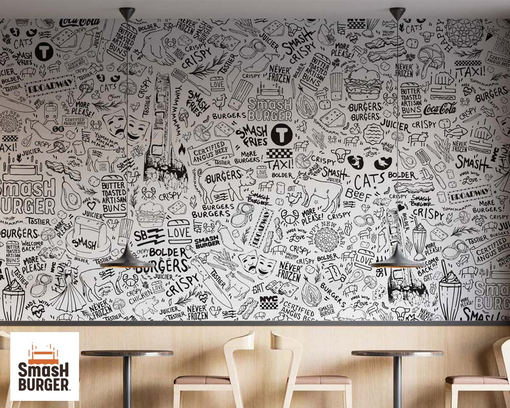 smashburger wall mural, wall art, illustration, frederic terral, pockitudes, lineart, restaurant design, art